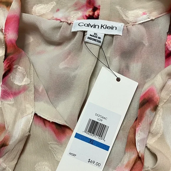 💐 Calvin Klein Tie-neck Blouse Sz XL in Cream/Pink Floral Motif - Picture 10 of 11
